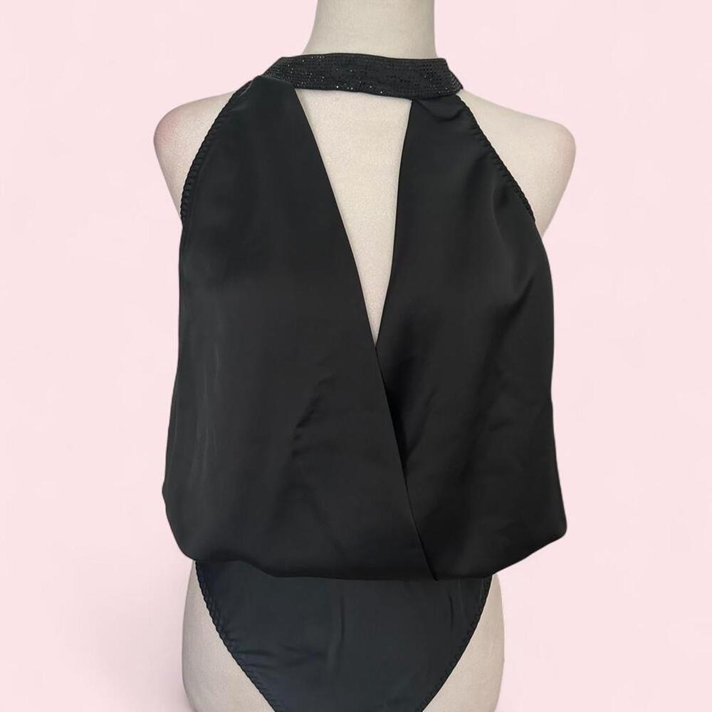 Victoria's Secret black rhinestone halter top low V bodysuit - Medium